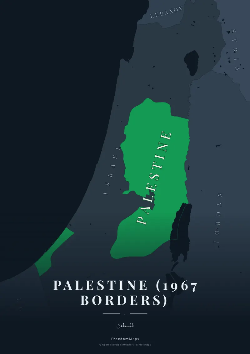 Palestine (1967 borders) poster map — Palestine framing · Noir · serif
